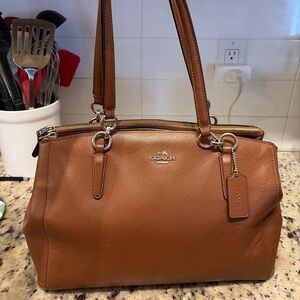 Coach Brown Pebbled Leather Double Zip Tote Shoulder Bag Hangtag